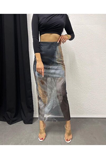 AB LOOKS Kadın Çok Renkli Desenli Dijital Baskı Astarlı Uzun Tül Etek Beli La...