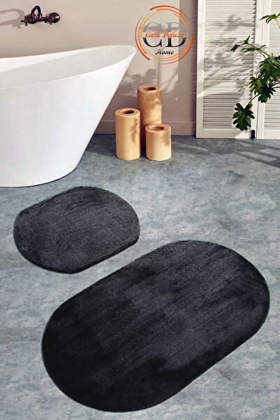 Casa Deluxe Home Siyah 2'li Oval Düz Renk Peluş Post Yumuşak Yıkanabilir Bany...