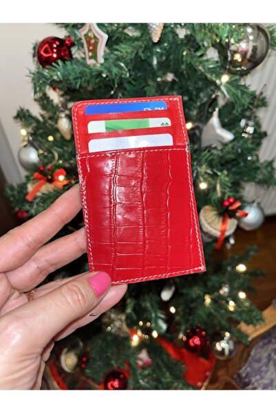 Pinkylola W Model Red Crocodile Printed Genuine Leather Card Holder Wallet Ca...
