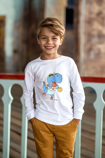 TRENDYOLKIDS Chlapecké bavlněné tričko se vzorem dinosaura - Crew Neck Tkdaw25Ts00009
