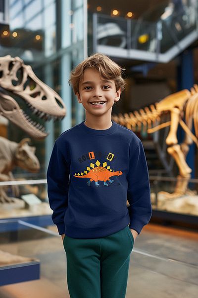 TRENDYOLKIDS Boys' Seasonal Sweatshirt - Thin Dinosaur Pattern, Crew Neck Tkdaw25sw00005