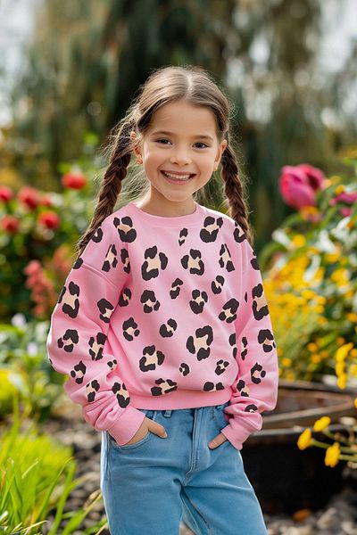 TRENDYOLKIDS Girl's Seasonal Knitted Sweatshirt - Thin Leopard Print, Pink*003 Tkdaw25sw00001