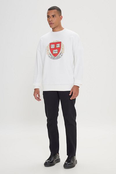 AC&Co / Altınyıldız Classics Pánská mikina Ecru Crew s výstřihem, licencovaná Harvard, bavlna, oversize fit, volný střih
