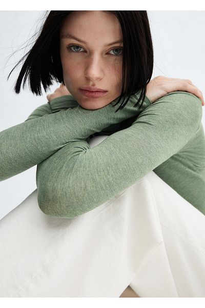 MANGO Woman Tricou verde cu mânecă lungă pentru femei - 67910470