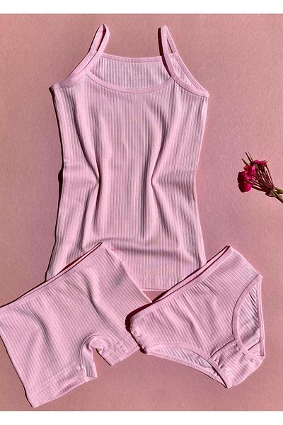 VicTroy Salmon Colored Cotton Tank Top, Shorts and Panty Set for Girls - 3 Pieces