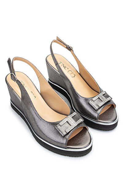 Tamer Tanca Anthracite Genuine Leather Women's Heeled Sandals