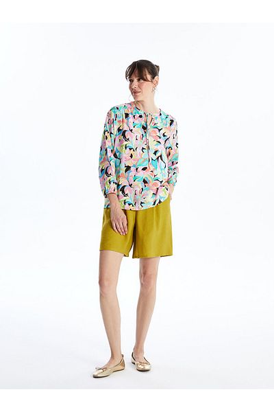 LC Waikiki Tie-up Collar Floral Long Sleeve Oversize Women's Blouse