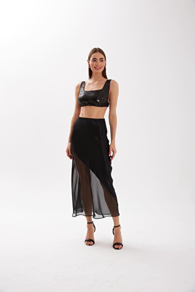 NOK İSTANBUL Nok Cute Serisi Transparan Detaylı Saten Etek Siyah
