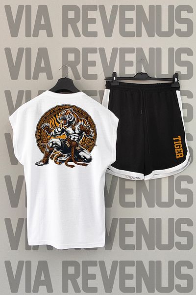Vordevia Tiger Muay Thai - Crew Neck White and Black Sports T-shirt and Shorts Set