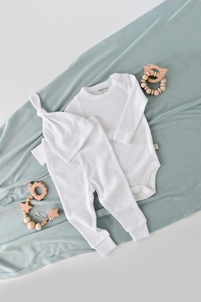 BabyCosy Set pantaloni pentru bebeluși și body cu mânecă lungă și pălărie, 50% țesătură modal - 50% bumbac organic, bebeluși și nou-născuți