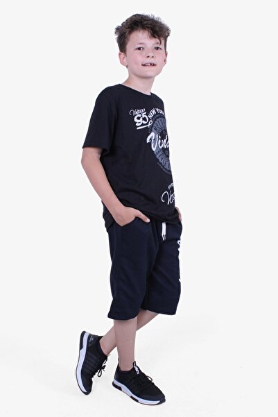 FYK COLLECTİON Vintage 95 Summer Printed Boy's Summer Top-to-Bottom Μαύρο Σετ