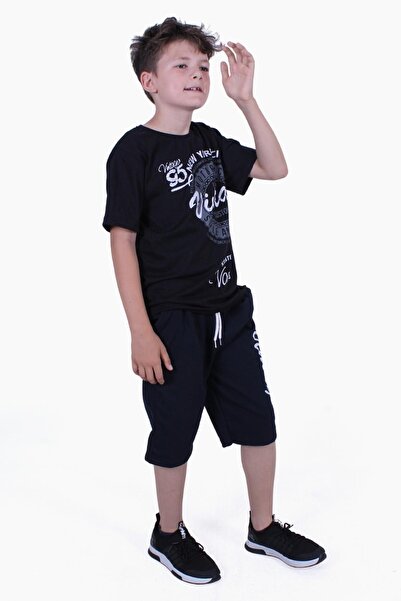 FYK COLLECTİON Vintage 95 Summer Printed Boy's Summer Top-to-Bottom Μαύρο Σετ