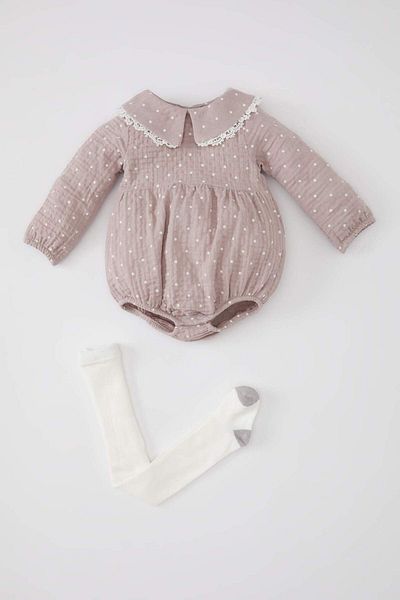 DeFacto Long Sleeve Polka Dot Muslin Romper and Pantyhose Set for Newborn Baby Girl - B0745A523Au
