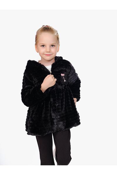 Kamex Black Plush Children's Coat - Striped