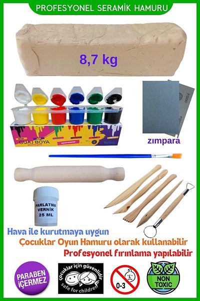 O&S Oyun ve Sanat Eğlen-Üret Ceramic Dough Starter Set 8,7 Kg, 5-Piece Wooden Flowerpots (MODELING SET), Natural Clay Clay