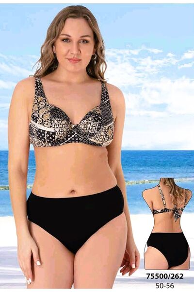 Sunsurf Büyük Beden Desenli Toparlayıcı Bikini Takımı Siyah 50-52-54-56 Beden