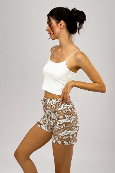 Betimoda %100 Pamuk Kadın Yüksek Bel Dört Mevsim Şort Pijama Kahve Beyaz Ayıcık