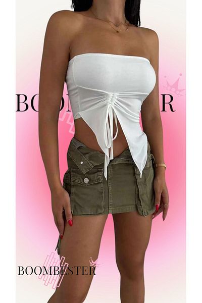 BoomBester White Patterned Asymmetrical Cut Strapless Crop Blouse - Sandy Fabric