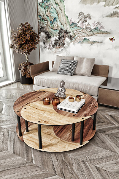 messer Yin Yang Unıty Serenıty Orta Sehpa 4 Lü Safir Meşe Madran Ceviz-90 Cm çap