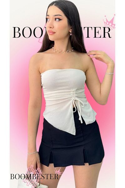 BoomBester White Patterned Asymmetrical Cut Strapless Crop Blouse - Sandy Fabric