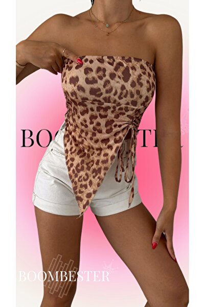 BoomBester Γυναικεία στράπλες μπλούζα Leopard Print - Sandy Fabric