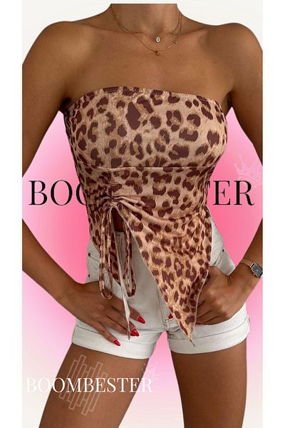 BoomBester Γυναικεία στράπλες μπλούζα Leopard Print - Sandy Fabric