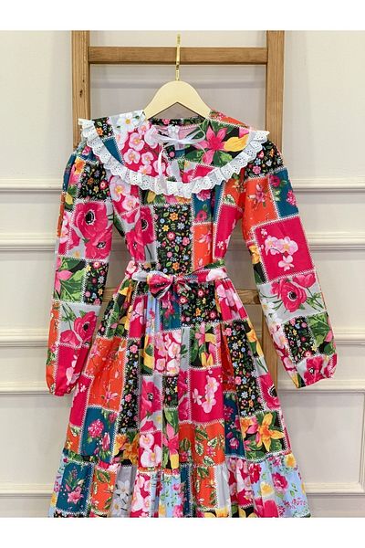 KÜÇÜĞÜM BUTİK Rochie cu guler mobil Hijab roz cu strat de patchwork (ROB-GAR)