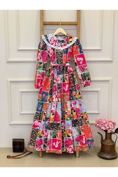 KÜÇÜĞÜM BUTİK Rochie cu guler mobil Hijab roz cu strat de patchwork (ROB-GAR)