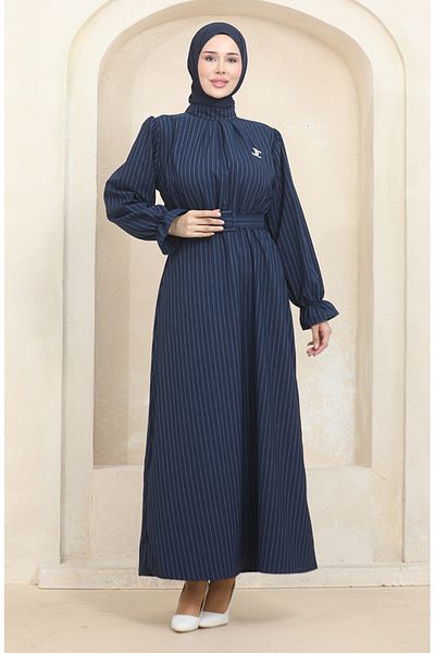 sefamerve Navy Blue Striped Belted Dress - 0434-01