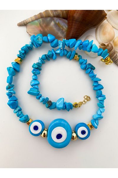 Lucky Designs Turquoise Coral Evil Eye Bodrum Bead Women's Necklace