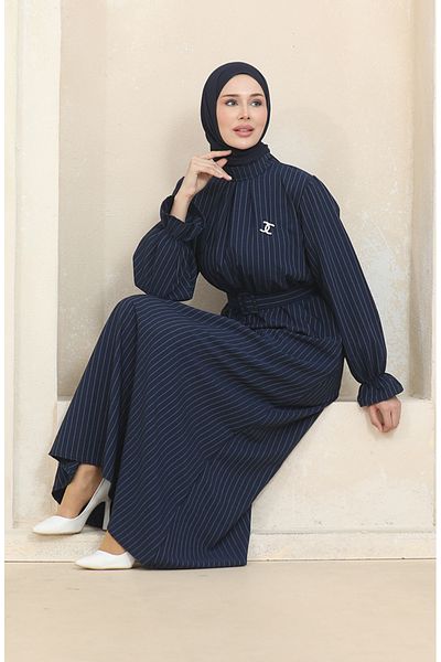 sefamerve Navy Blue Striped Belted Dress - 0434-01