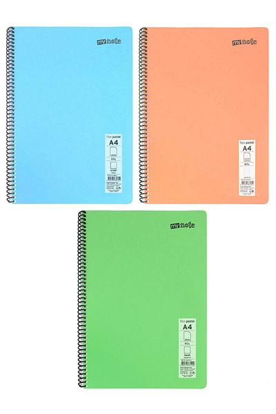 Mynote كتاب مدرسي حلزوني مقاس A4 - 3 ألوان مختلفة، غطاء من البولي بروبيلين، 60 صفحة مربعة (3 قطع)