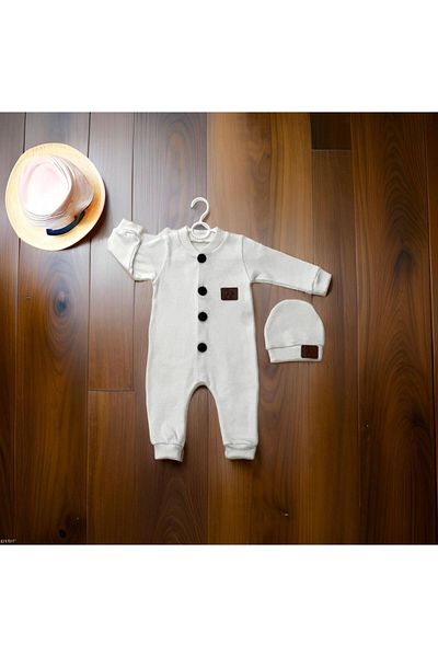 SuAy Baby Baby Girl-Boy Jumpsuit with Ribbed Fabric Buttoned Hat