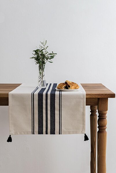 Denizli Concept Beige Navy Blue Striped Tereza Runner Set - for Modern Tables