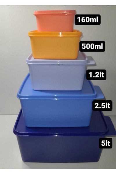 Tupperware Square Storage Container 5-Piece Multi-Purpose Box Colorful 160-500-1.2-2.5-5l