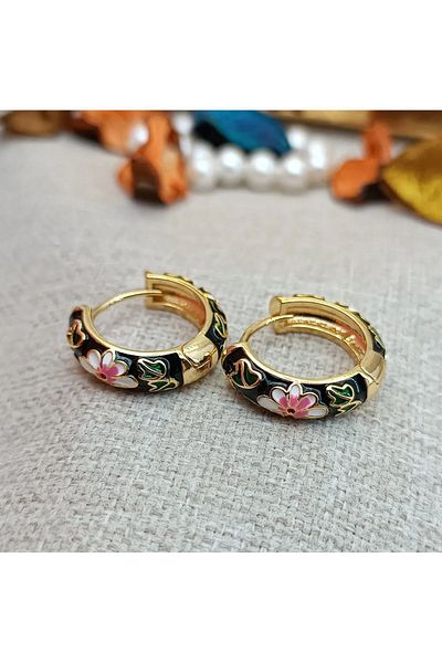 CanElif Accessories Elegant Vintage Style Flower Motif Enamel Hoop Earrings (COLOR ATMAS / NOT DARKING) 2cm