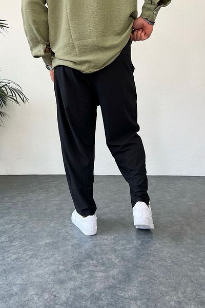 NO61 MAN Baggy Loose Fit Black Pleated Elastic Waist Fabric Trousers