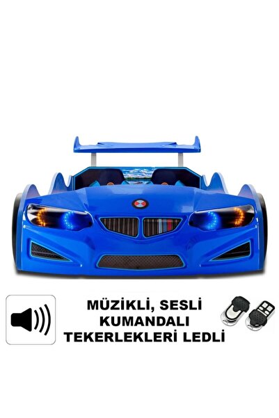 Bmw - Gt1 - Arabalı Yatak Araba Karyola - Tekerleri Ledli - Mavi