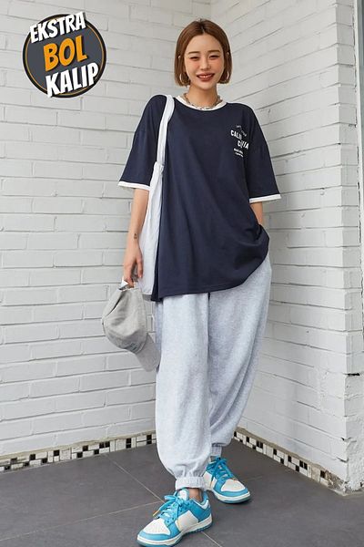 BSBSPOR Γκρι Μαύρο Loose Fit Oversize Φούτερ με ελαστικά πόδια ψηλή μέση