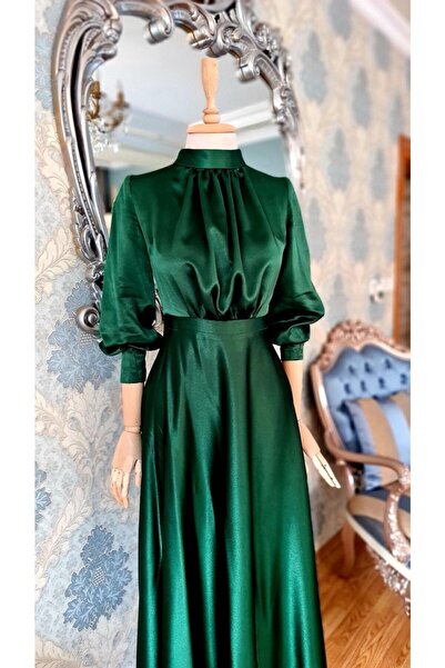 makbuleofficial Yeşil Rengi Saten Kumaştan,yakada Büzgü Detaylı,tesettür Sade Abiye Elbise