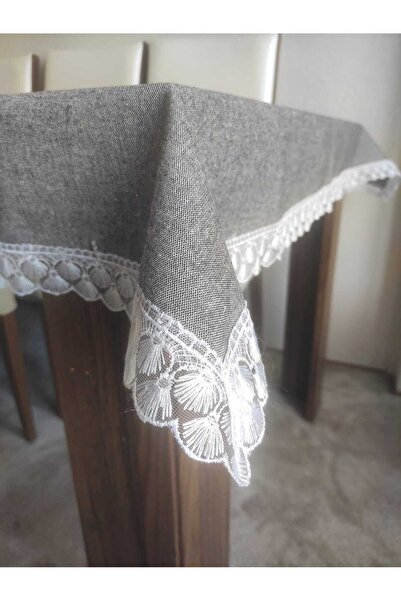 denizli hatırası Față de masă din in negru - Design spalat cu dantelă cu flor...