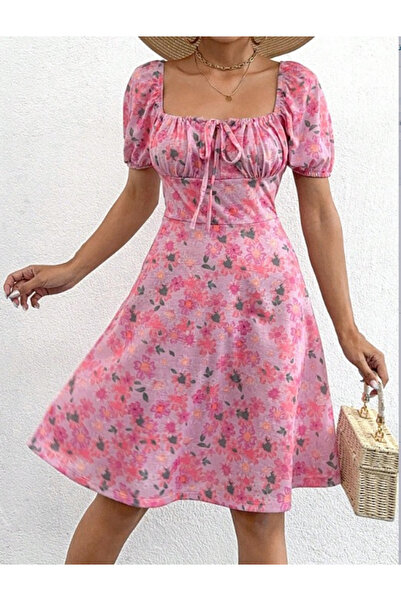 Modayakamoz Ženska mini haljina sa cvetnim dekorom Štampano i čipkastim detal...