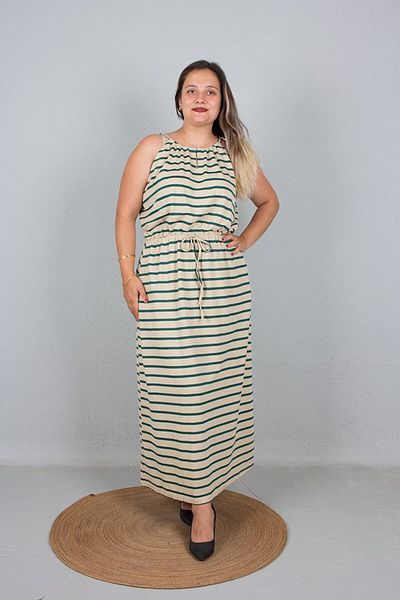 Truva XXL Green Striped Long Dress - Plus Size, Elastic Waist with Tie Detail and Straps