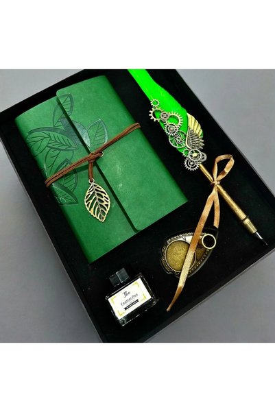Sarego Leather Cover Vintage Souvenir Notebook Angel Wing Motif Mega Size Dip Inkwell Pen Set with Special Box