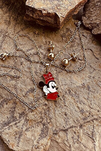 MOONİ ACCESSORİES Çelik Mini Şık Kıyafetiyle Sizlerle Tatlı Mouse Paslanmaz Gold Renk Kolye Küpe Seti