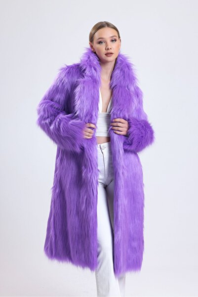 KürkZone KADIN MOR UZUN TÜYLÜ KÜRK MANTO KABAN