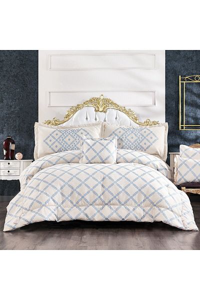 In House Toronto | 6 Pieces Chanel Comforter Set - King - 260x240 Cm - 551 - Beige & Blue
