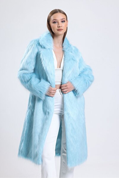 KürkZone KÜRKZONE BARBIE SERIES KADIN BEBEK MAVISI UZUN TÜYLÜ KÜRK MANTO KABAN