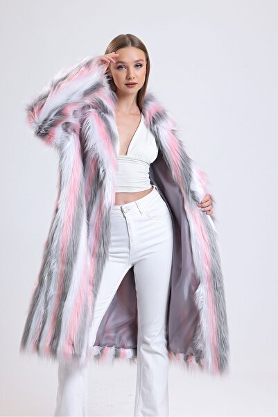 KürkZone BARBIE SERIES KADIN PEMBE UZUN TÜYLÜ KÜRK MANTO KABAN