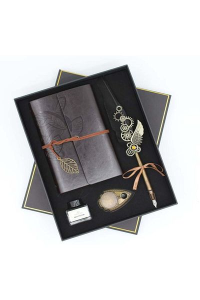 Sarego Leather Cover Vintage Souvenir Notebook Angel Wing Motif Mega Size Dip Inkwell Pen Set with Special Box